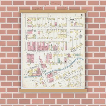 Old map wall art mockup — magnetic wood frame on brick wall — Sanborn Fire Insurance Map from Ashland, Ashland County, Ohio (1893), Sheet #0003