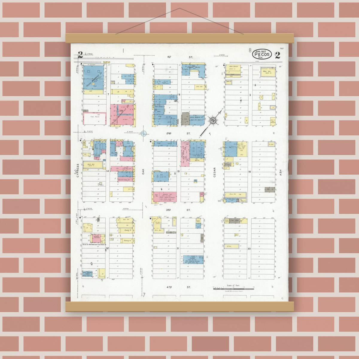 Old map wall art mockup — magnetic wood frame on brick wall — Sanborn Fire Insurance Map from Pecos, Reeves County, Texas (1927), Sheet #0002