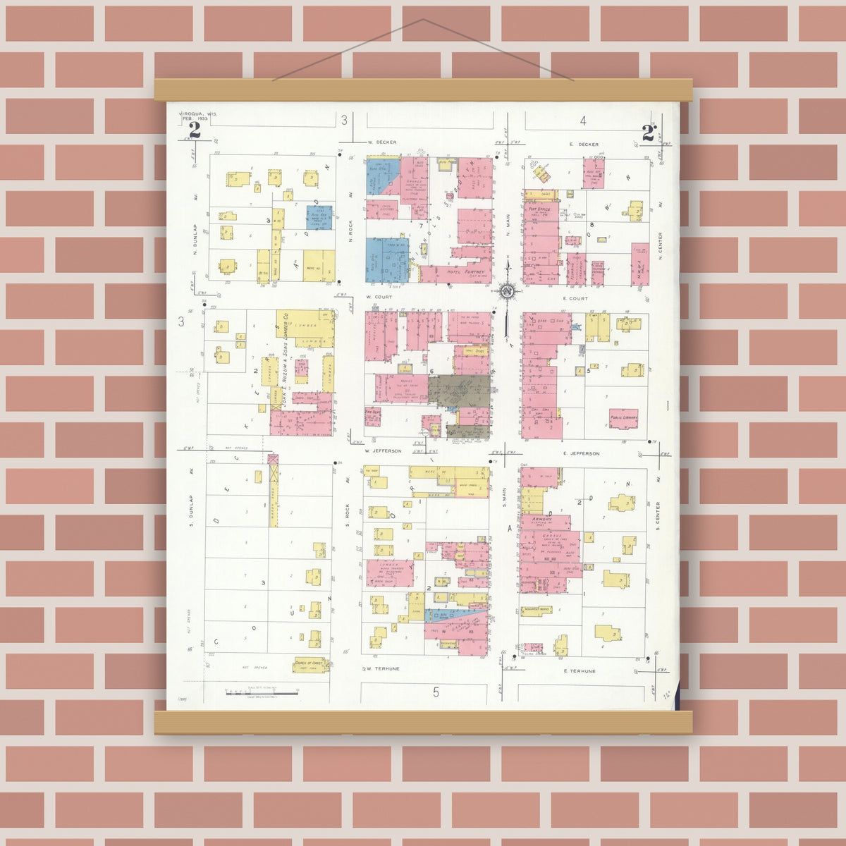 Old map wall art mockup — magnetic wood frame on brick wall — Sanborn Fire Insurance Map from Viroqua, Vernon County, Wisconsin (1933), Sheet #0002