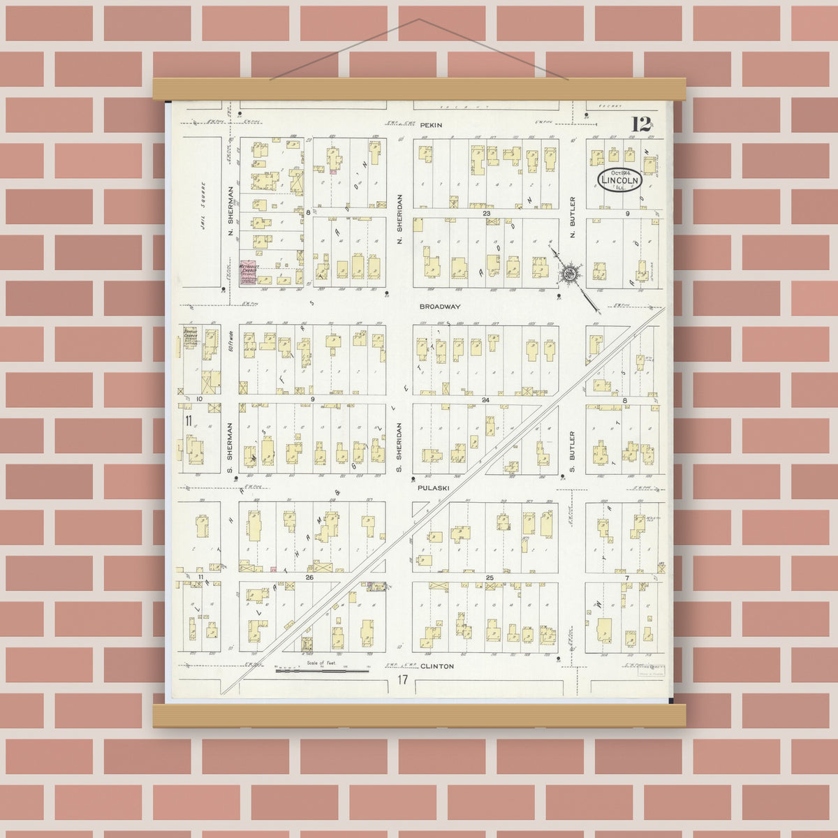 Old map wall art mockup — magnetic wood frame on brick wall — Sanborn Fire Insurance Map from Lincoln, Logan County, Illinois (1914), Sheet #0012