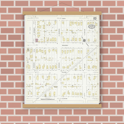 Old map wall art mockup — magnetic wood frame on brick wall — Sanborn Fire Insurance Map from Lincoln, Logan County, Illinois (1914), Sheet #0012