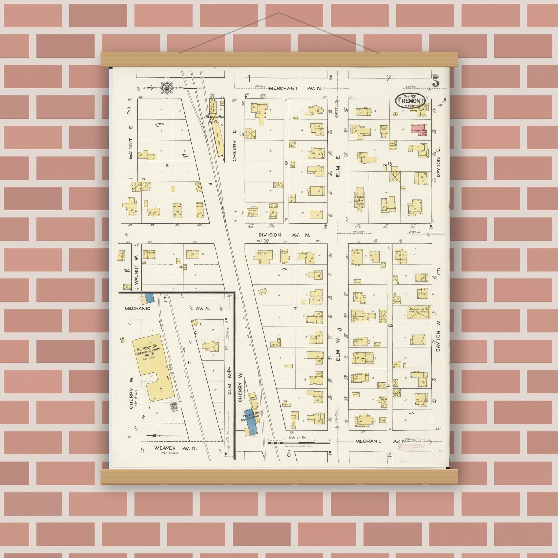 Old map wall art mockup — magnetic wood frame on brick wall — Sanborn Fire Insurance Map from Fremont, Newaygo County, Michigan (1921), Sheet #0005