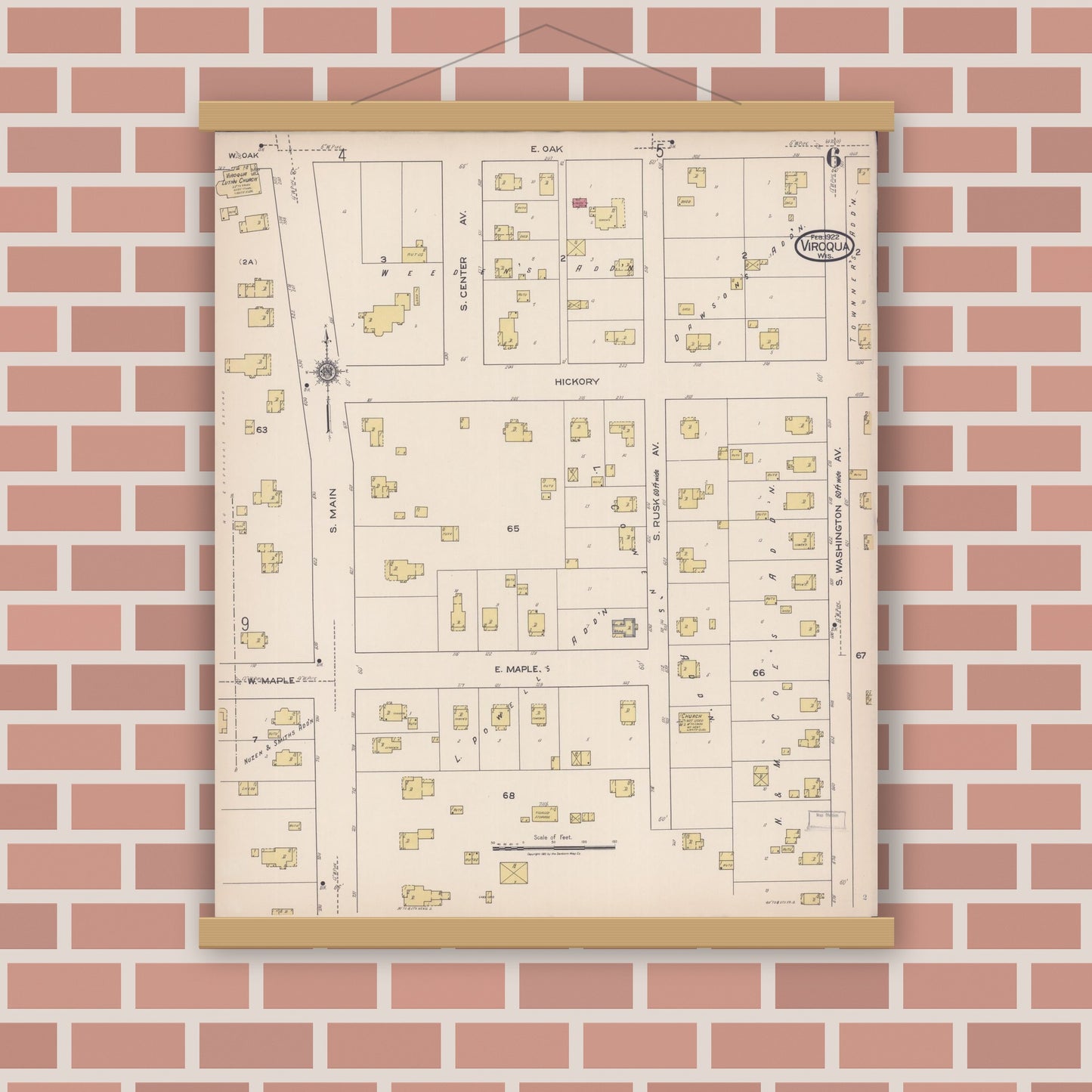 Old map wall art mockup — magnetic wood frame on brick wall — Sanborn Fire Insurance Map from Viroqua, Vernon County, Wisconsin (1922), Sheet #0006
