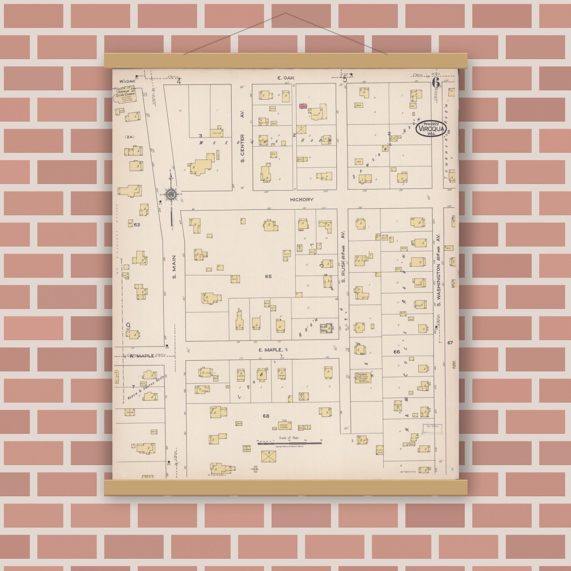 Old map wall art mockup — magnetic wood frame on brick wall — Sanborn Fire Insurance Map from Viroqua, Vernon County, Wisconsin (1922), Sheet #0006