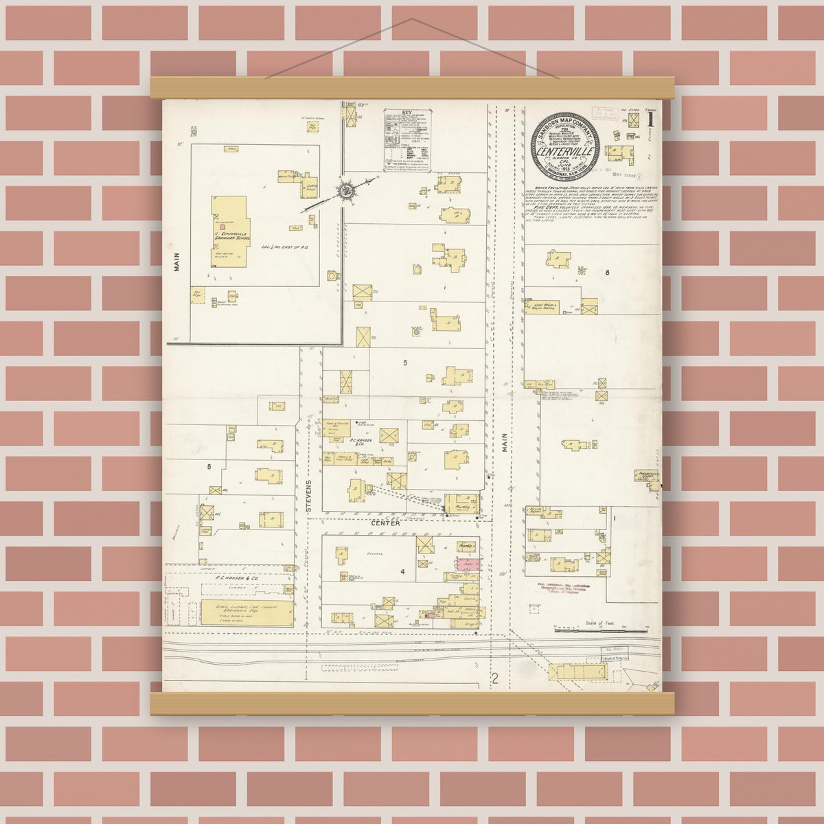 Old map wall art mockup — magnetic wood frame on brick wall — Sanborn Fire Insurance Map from Centerville, Alameda County, California (1913), Sheet #0001