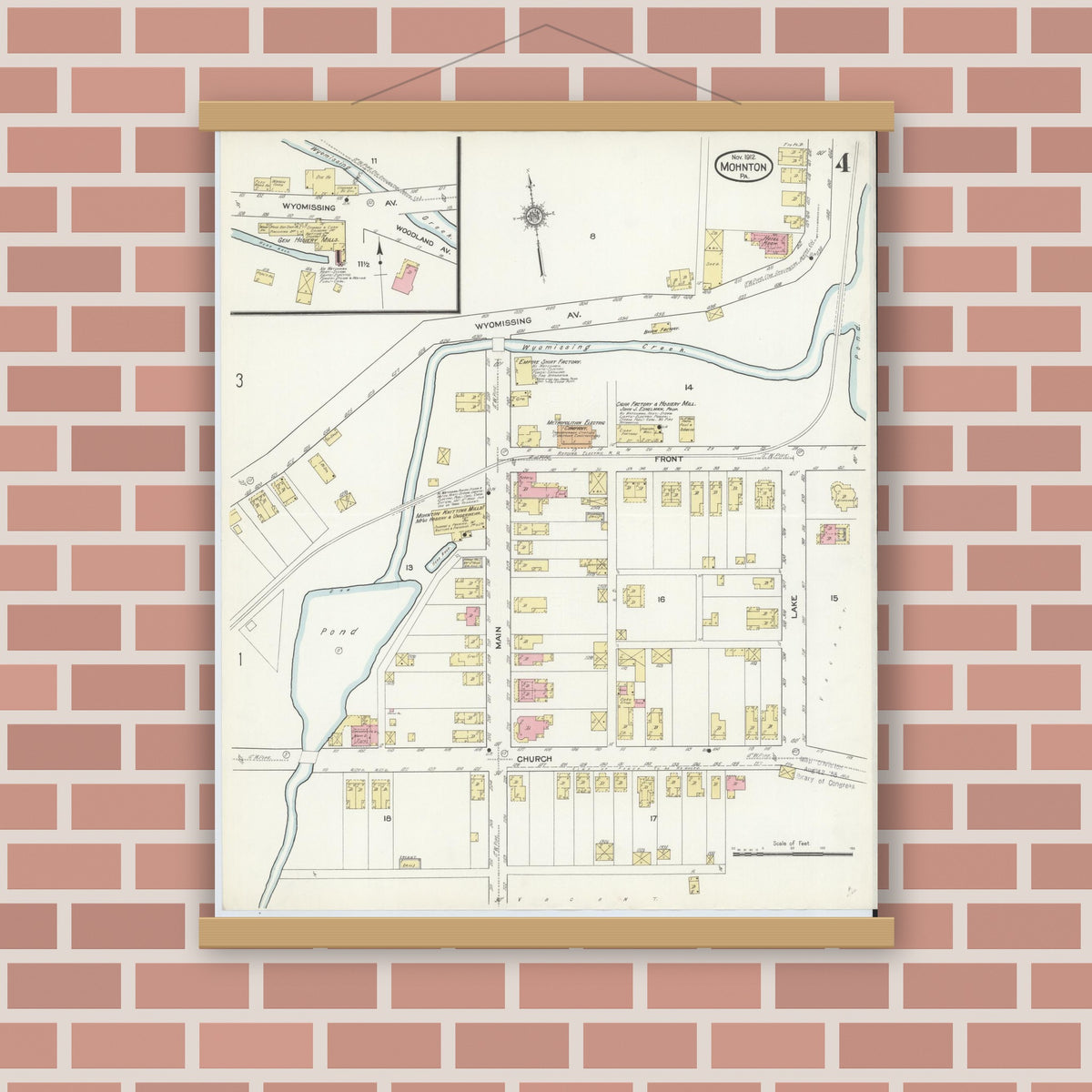 Old map wall art mockup — magnetic wood frame on brick wall — Sanborn Fire Insurance Map from Mohnton, Berks County, Pennsylvania (1912), Sheet #0004