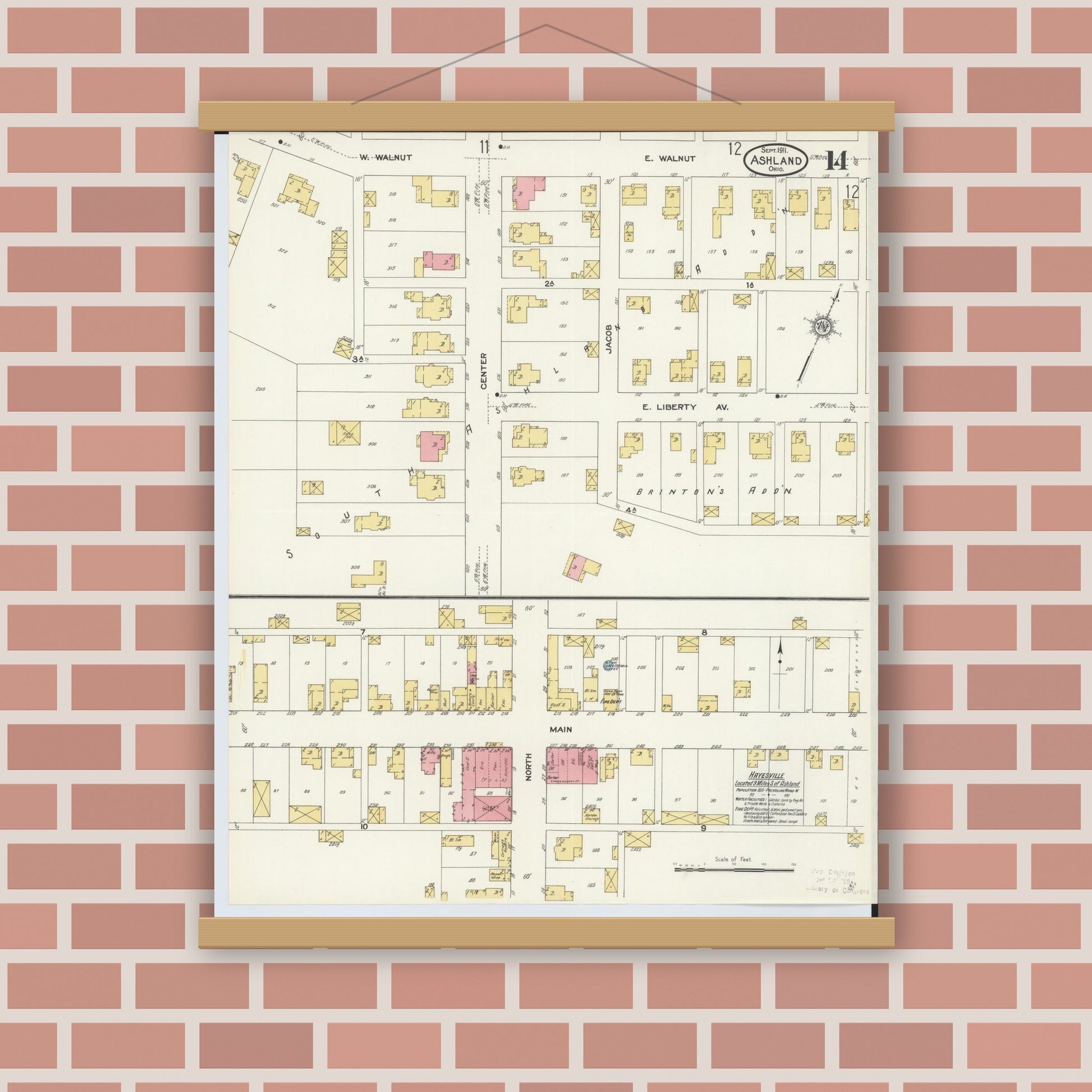 Old map wall art mockup — magnetic wood frame on brick wall — Sanborn Fire Insurance Map from Ashland, Ashland County, Ohio (1911), Sheet #0014