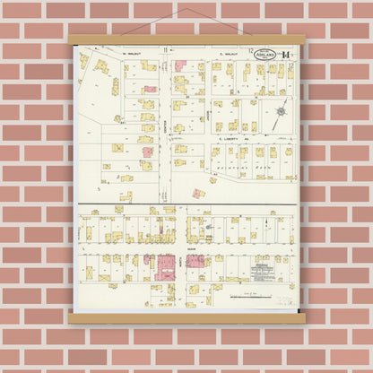 Old map wall art mockup — magnetic wood frame on brick wall — Sanborn Fire Insurance Map from Ashland, Ashland County, Ohio (1911), Sheet #0014