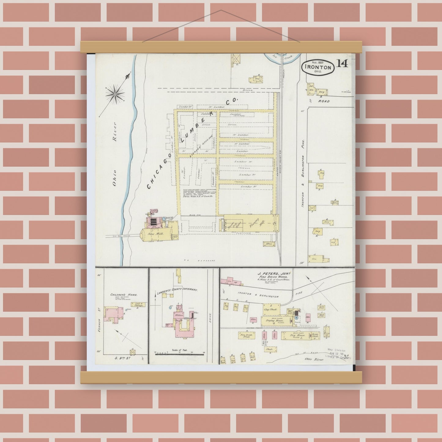 Old map wall art mockup — magnetic wood frame on brick wall — Sanborn Fire Insurance Map from Ironton, Lawrence County, Ohio (1889), Sheet #0014