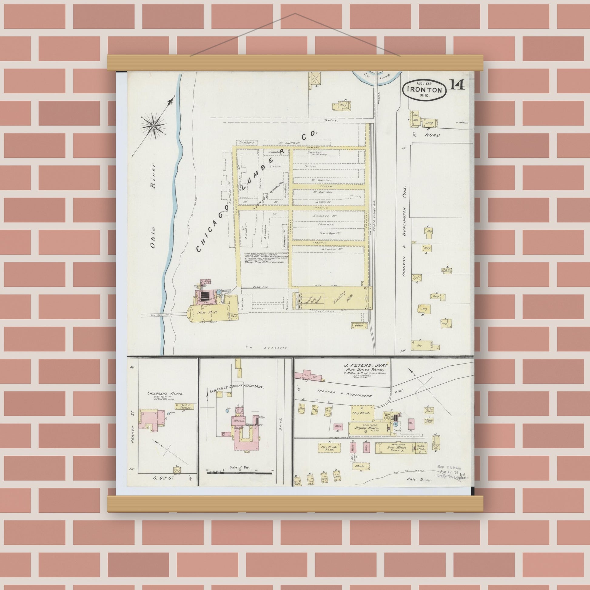 Old map wall art mockup — magnetic wood frame on brick wall — Sanborn Fire Insurance Map from Ironton, Lawrence County, Ohio (1889), Sheet #0014