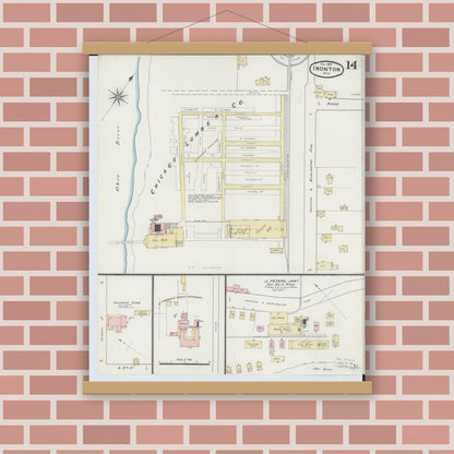 Old map wall art mockup — magnetic wood frame on brick wall — Sanborn Fire Insurance Map from Ironton, Lawrence County, Ohio (1889), Sheet #0014