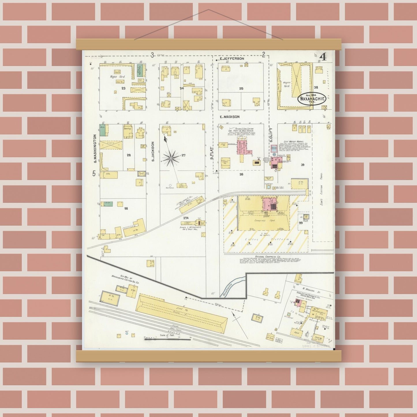 Old map wall art mockup — magnetic wood frame on brick wall — Sanborn Fire Insurance Map from Waxahachie, Ellis County, Texas (1904), Sheet #0004