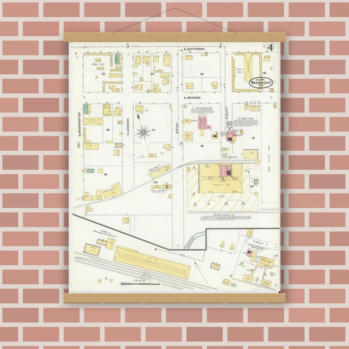 Old map wall art mockup — magnetic wood frame on brick wall — Sanborn Fire Insurance Map from Waxahachie, Ellis County, Texas (1904), Sheet #0004