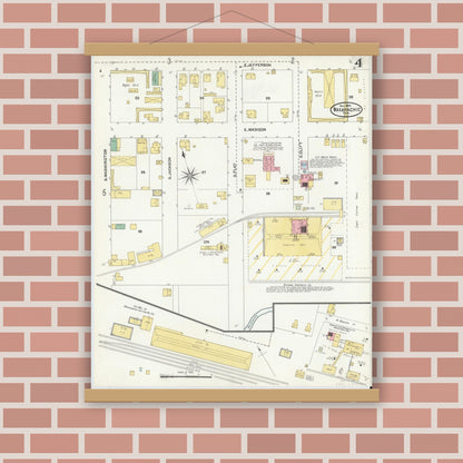Old map wall art mockup — magnetic wood frame on brick wall — Sanborn Fire Insurance Map from Waxahachie, Ellis County, Texas (1904), Sheet #0004