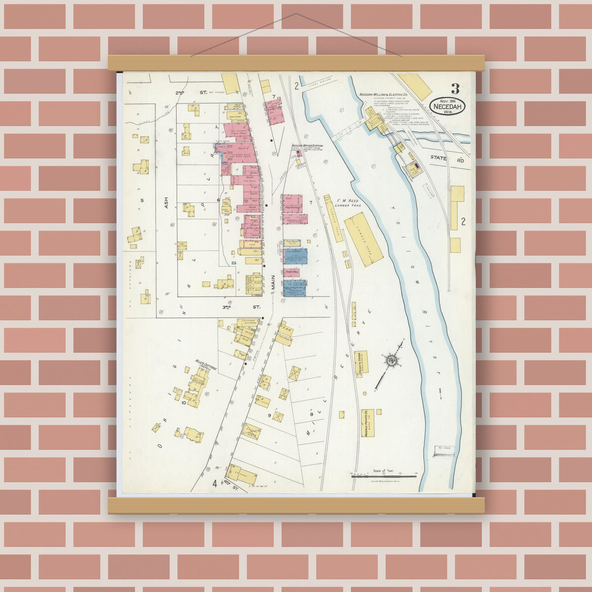 Old map wall art mockup — magnetic wood frame on brick wall — Sanborn Fire Insurance Map from Necedah, Juneau County, Wisconsin (1916), Sheet #0003