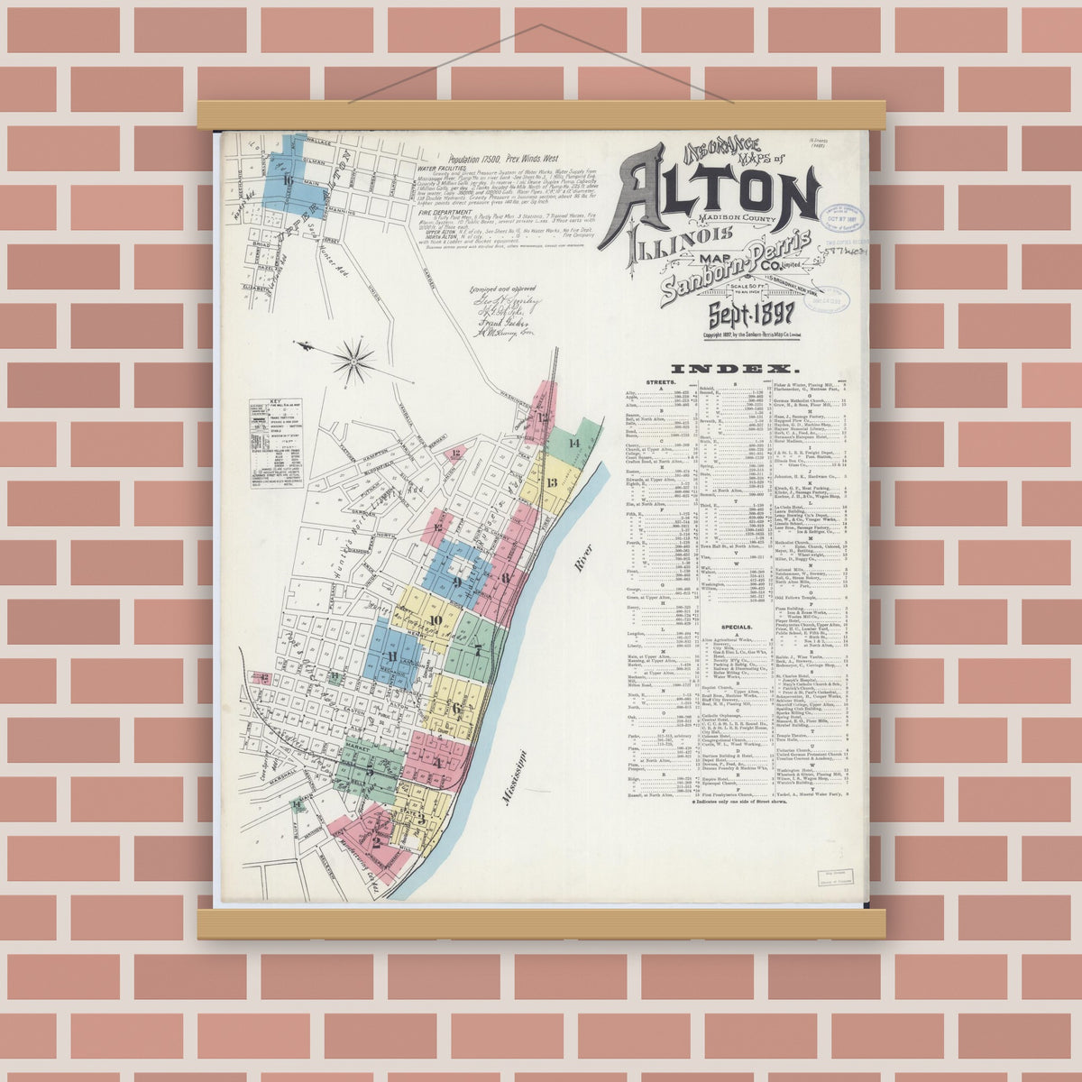 Old map wall art mockup — magnetic wood frame on brick wall — Sanborn Fire Insurance Map from Alton, Madison County, Illinois (1897) - Complete Map Set