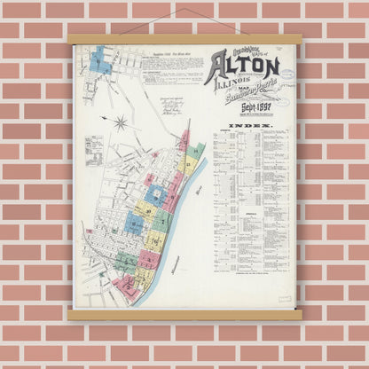 Old map wall art mockup — magnetic wood frame on brick wall — Sanborn Fire Insurance Map from Alton, Madison County, Illinois (1897) - Complete Map Set
