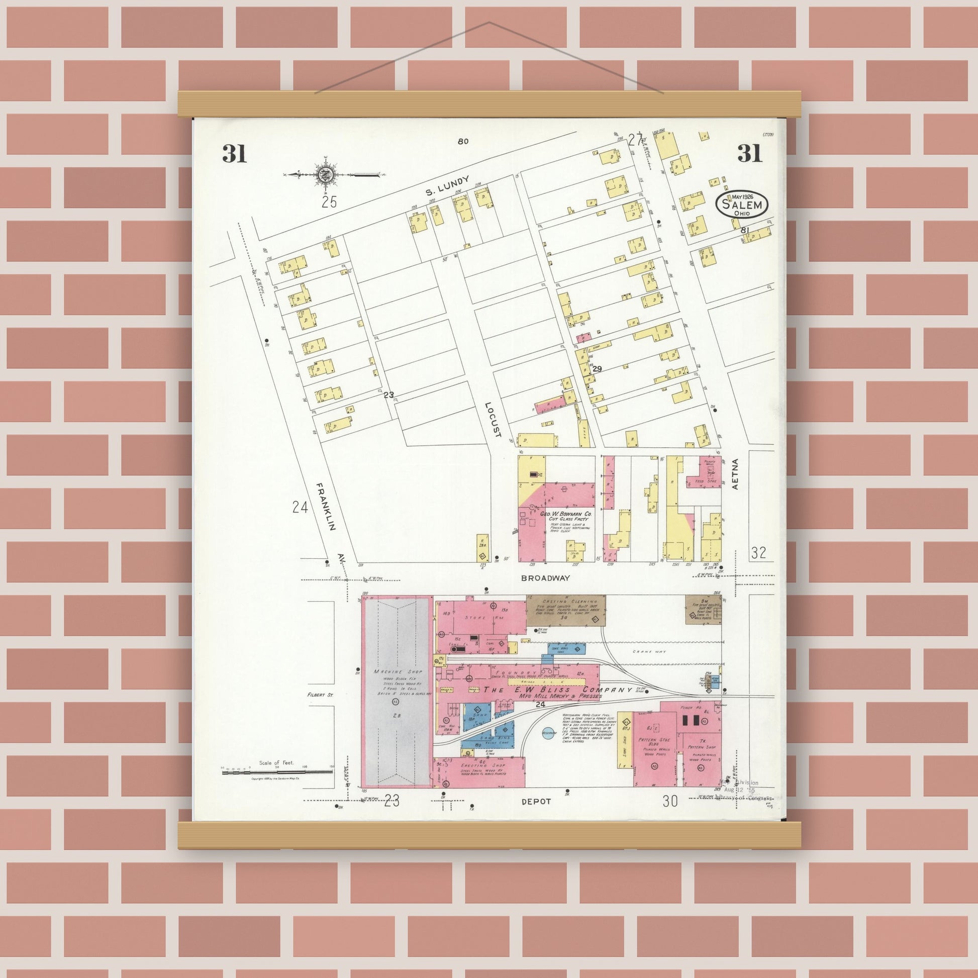 Old map wall art mockup — magnetic wood frame on brick wall — Sanborn Fire Insurance Map from Salem, Columbiana County, Ohio (1926), Sheet #0031