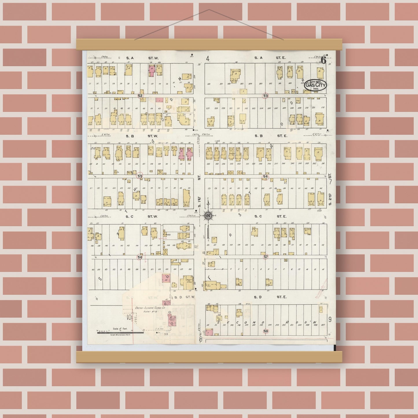 Old map wall art mockup — magnetic wood frame on brick wall — Sanborn Fire Insurance Map from Gas City, Grant County, Indiana (1932), Sheet #0006