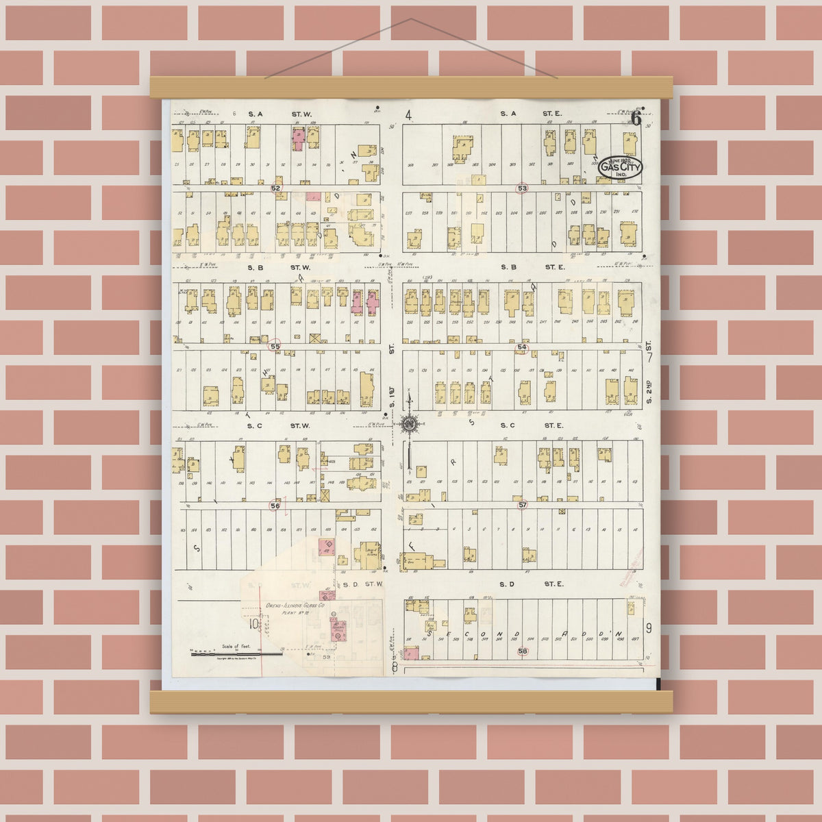 Old map wall art mockup — magnetic wood frame on brick wall — Sanborn Fire Insurance Map from Gas City, Grant County, Indiana (1932), Sheet #0006