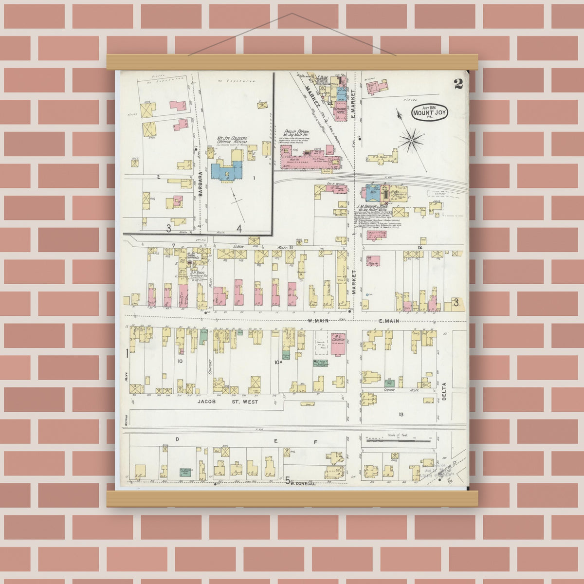 Old map wall art mockup — magnetic wood frame on brick wall — Sanborn Fire Insurance Map from Mount Joy, Lancaster County, Pennsylvania (1896), Sheet #0002
