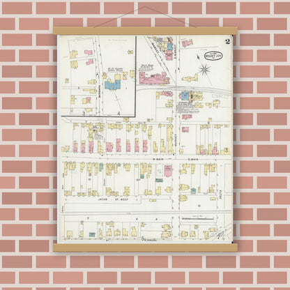 Old map wall art mockup — magnetic wood frame on brick wall — Sanborn Fire Insurance Map from Mount Joy, Lancaster County, Pennsylvania (1896), Sheet #0002