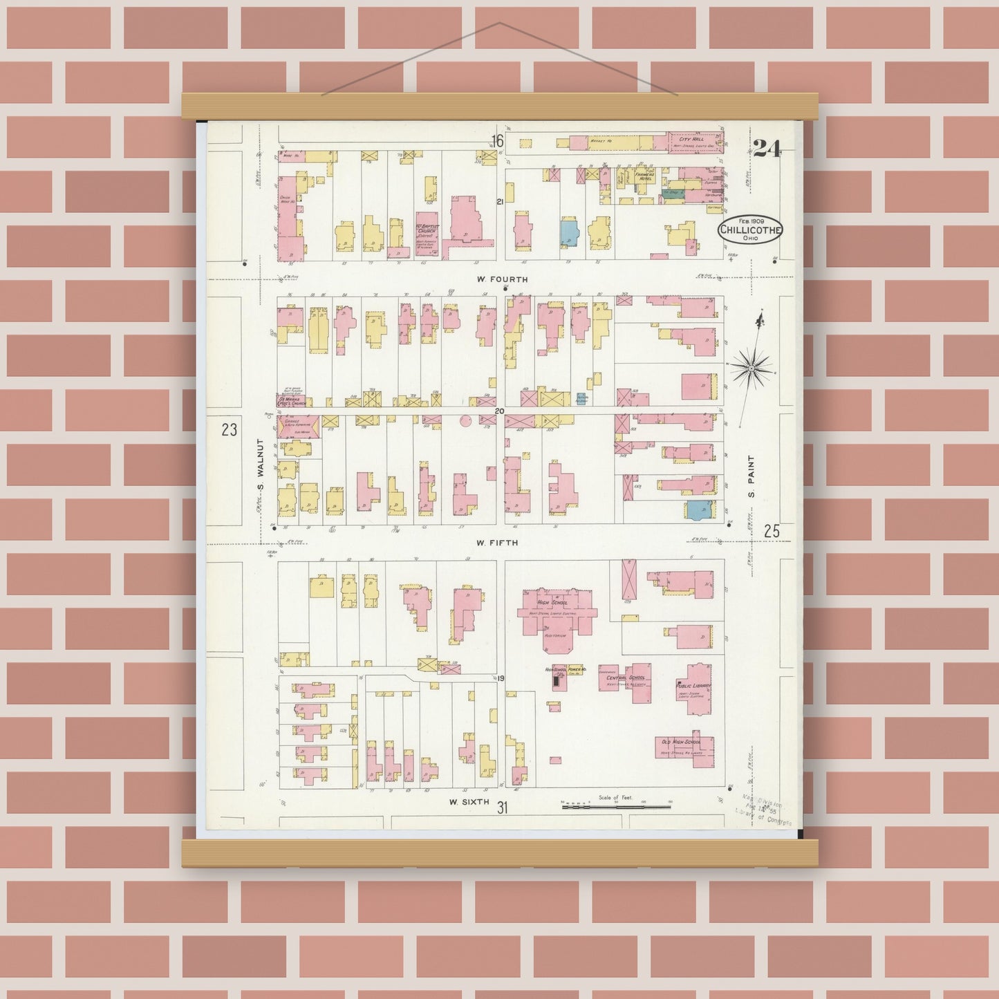 Old map wall art mockup — magnetic wood frame on brick wall — Sanborn Fire Insurance Map from Chillicothe, Ross County, Ohio (1909), Sheet #0024