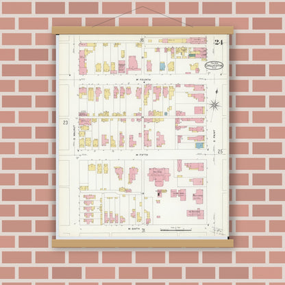 Old map wall art mockup — magnetic wood frame on brick wall — Sanborn Fire Insurance Map from Chillicothe, Ross County, Ohio (1909), Sheet #0024