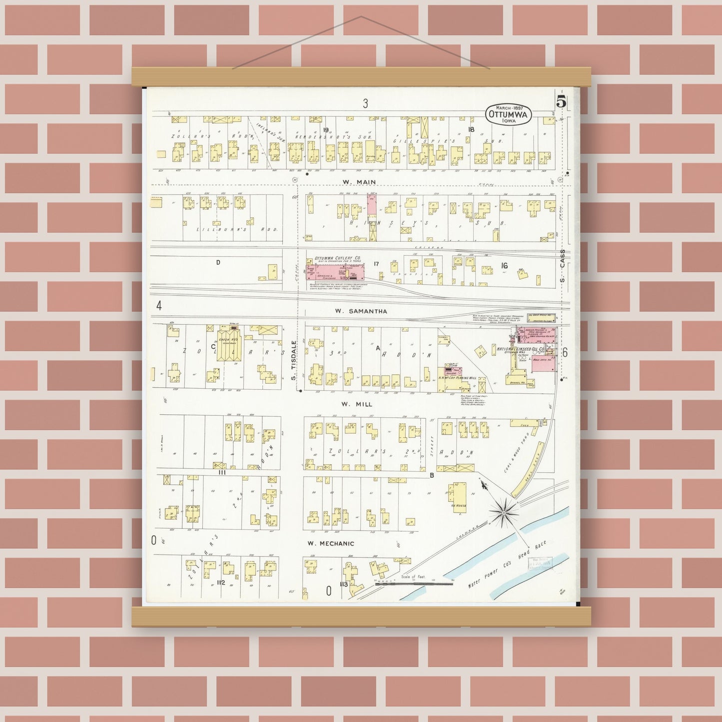 Old map wall art mockup — magnetic wood frame on brick wall — Sanborn Fire Insurance Map from Ottumwa, Wapello County, Iowa (1897), Sheet #0005