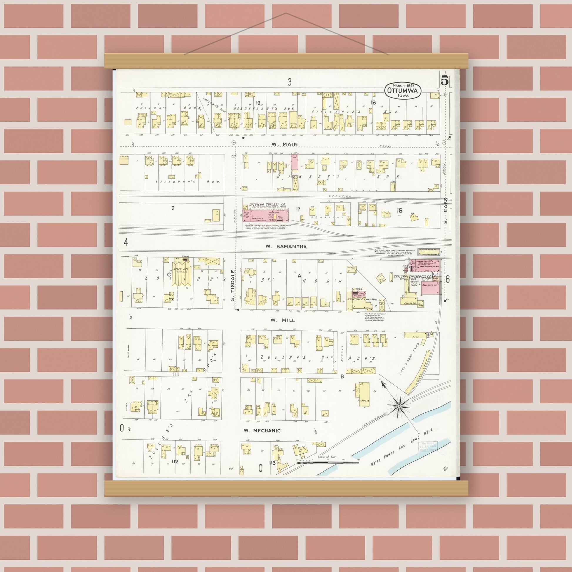 Old map wall art mockup — magnetic wood frame on brick wall — Sanborn Fire Insurance Map from Ottumwa, Wapello County, Iowa (1897), Sheet #0005