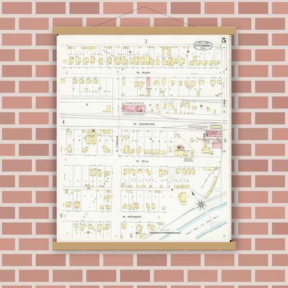 Old map wall art mockup — magnetic wood frame on brick wall — Sanborn Fire Insurance Map from Ottumwa, Wapello County, Iowa (1897), Sheet #0005