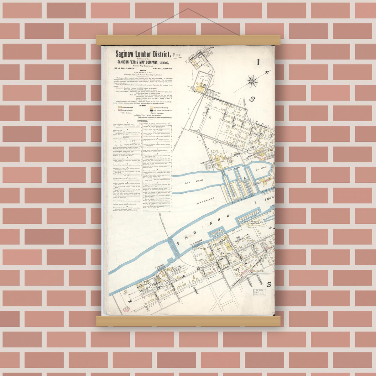 Old map wall art mockup — magnetic wood frame on brick wall — Sanborn Fire Insurance Map from Saginaw, Saginaw County, Michigan (1895), Sheet #0001