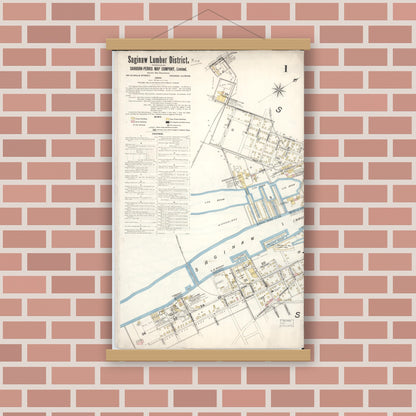 Old map wall art mockup — magnetic wood frame on brick wall — Sanborn Fire Insurance Map from Saginaw, Saginaw County, Michigan (1895), Sheet #0001