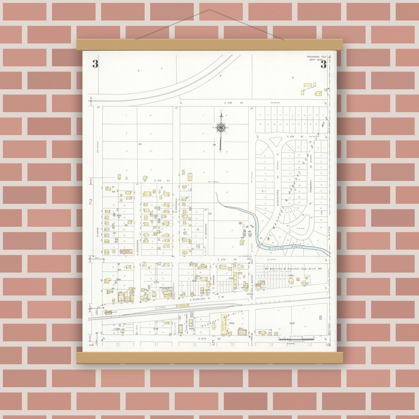 Old map wall art mockup — magnetic wood frame on brick wall — Sanborn Fire Insurance Map from Pasadena, Harris County, Texas (1940), Sheet #0003