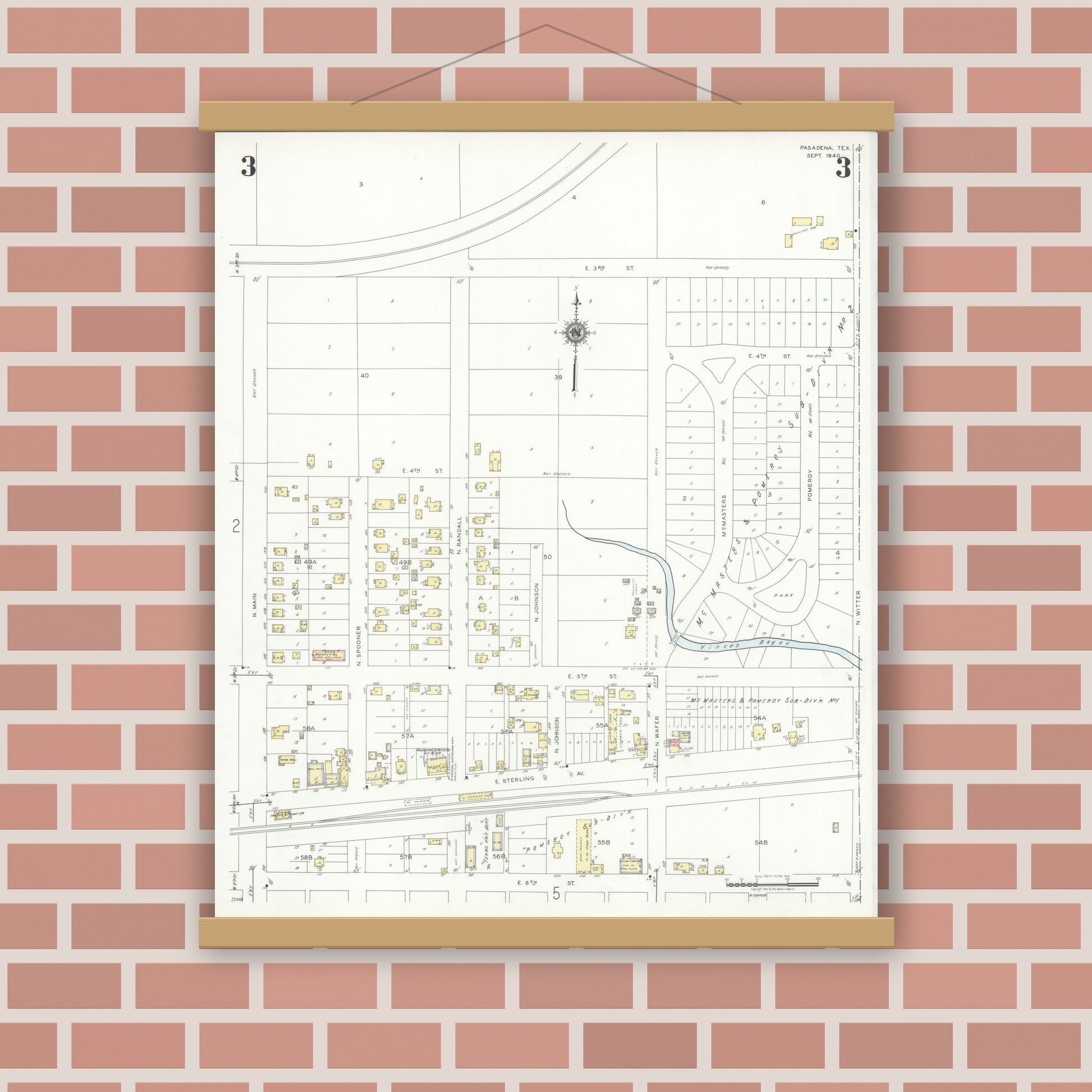 Old map wall art mockup — magnetic wood frame on brick wall — Sanborn Fire Insurance Map from Pasadena, Harris County, Texas (1940), Sheet #0003