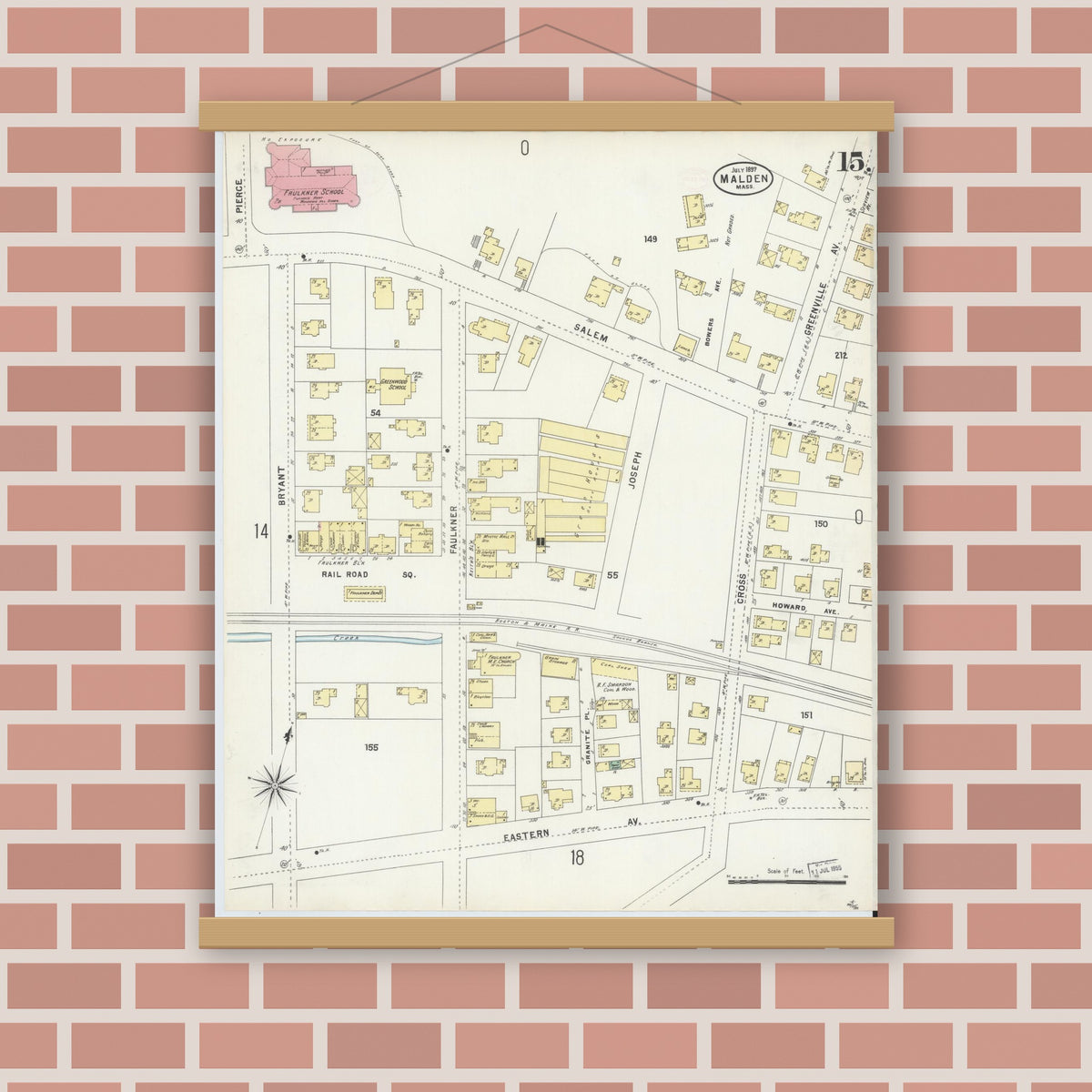 Old map wall art mockup — magnetic wood frame on brick wall — Sanborn Fire Insurance Map from Malden, Middlesex County, Massachusetts (1897), Sheet #0015