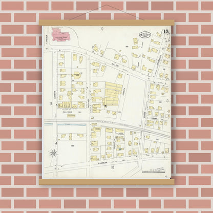Old map wall art mockup — magnetic wood frame on brick wall — Sanborn Fire Insurance Map from Malden, Middlesex County, Massachusetts (1897), Sheet #0015