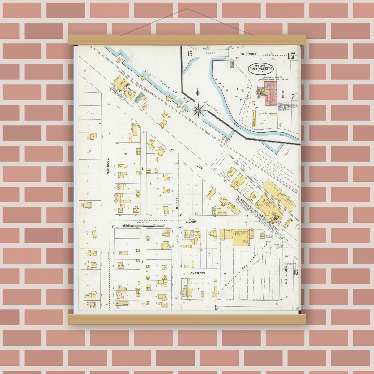 Old map wall art mockup — magnetic wood frame on brick wall — Sanborn Fire Insurance Map from Traverse City, Grand Traverse County, Michigan (1904), Sheet #0017