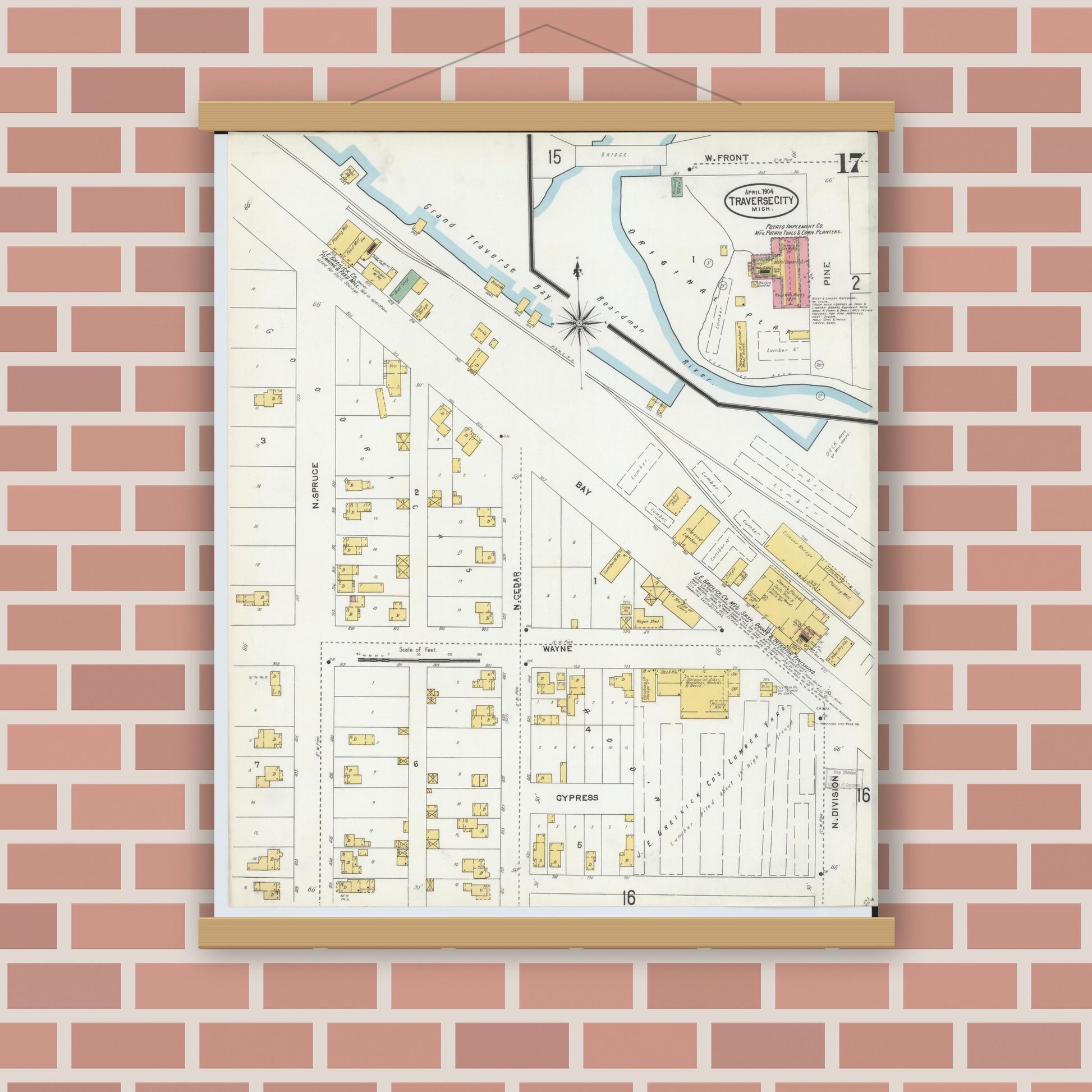 Old map wall art mockup — magnetic wood frame on brick wall — Sanborn Fire Insurance Map from Traverse City, Grand Traverse County, Michigan (1904), Sheet #0017