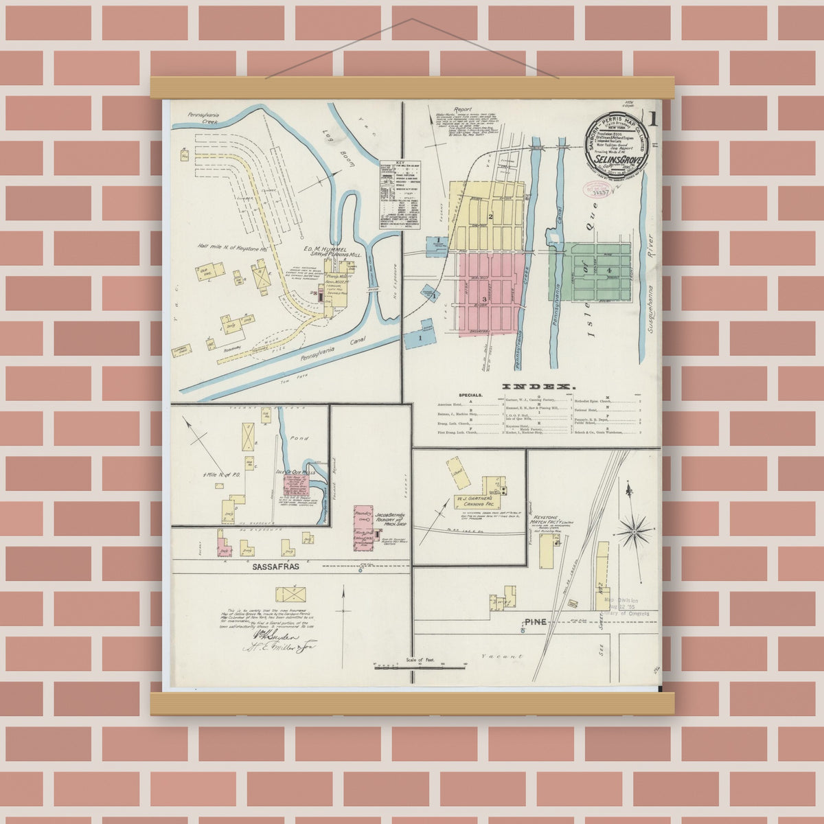 Old map wall art mockup — magnetic wood frame on brick wall — Sanborn Fire Insurance Map from Selins Grove, Snyder County, Pennsylvania (1890) - Complete Map Set