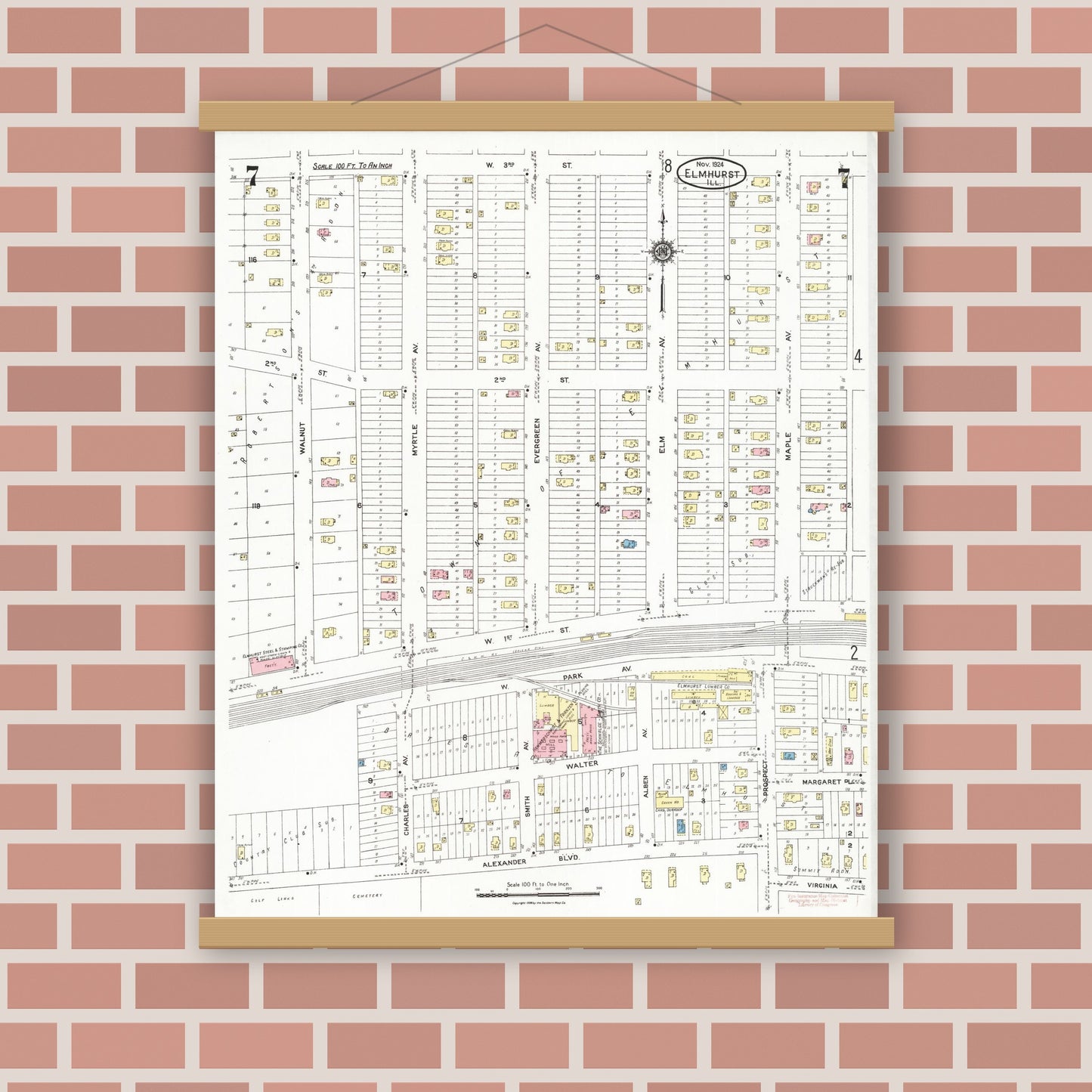 Old map wall art mockup — magnetic wood frame on brick wall — Sanborn Fire Insurance Map from Elmhurst, Du Page County, Illinois (1924), Sheet #0007