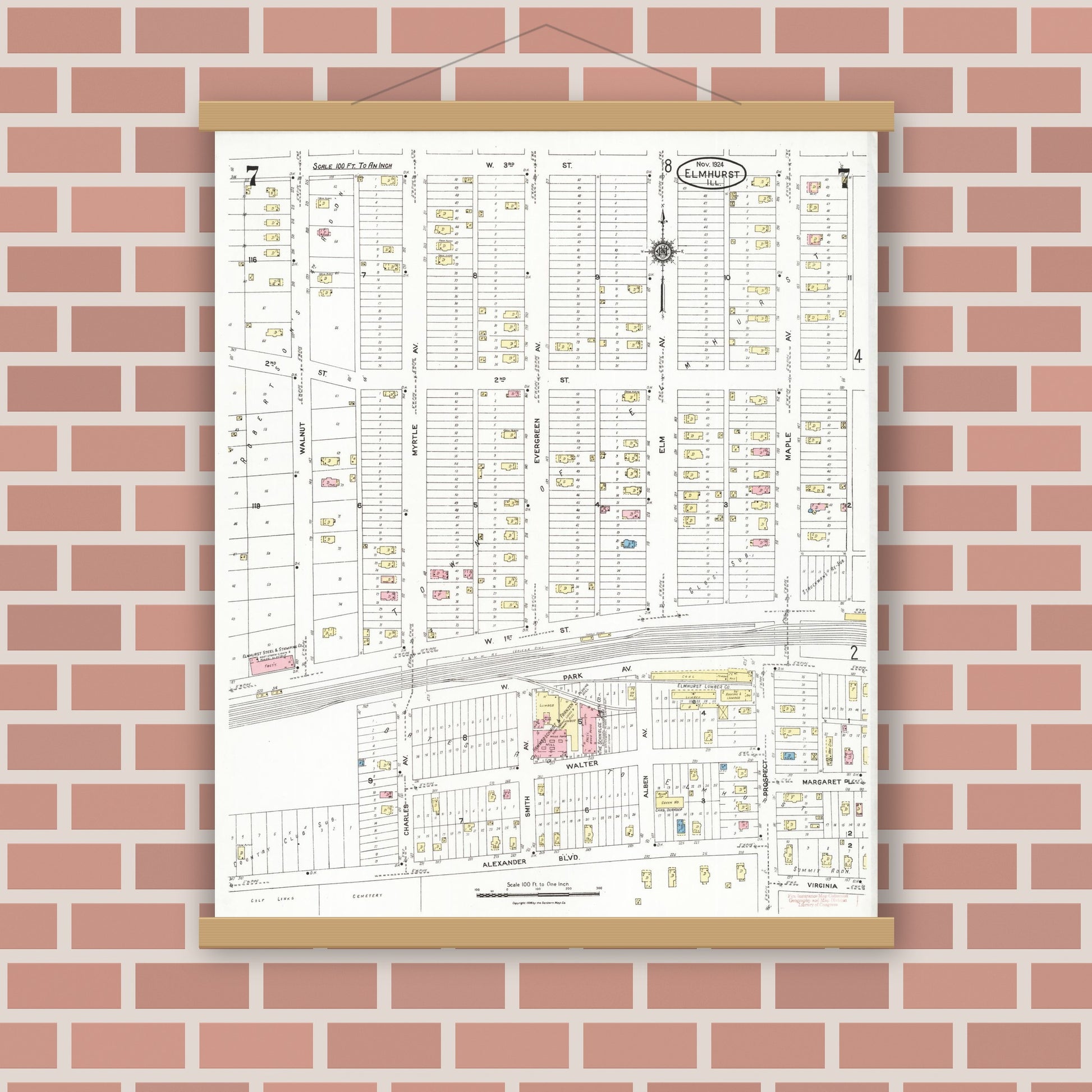 Old map wall art mockup — magnetic wood frame on brick wall — Sanborn Fire Insurance Map from Elmhurst, Du Page County, Illinois (1924), Sheet #0007