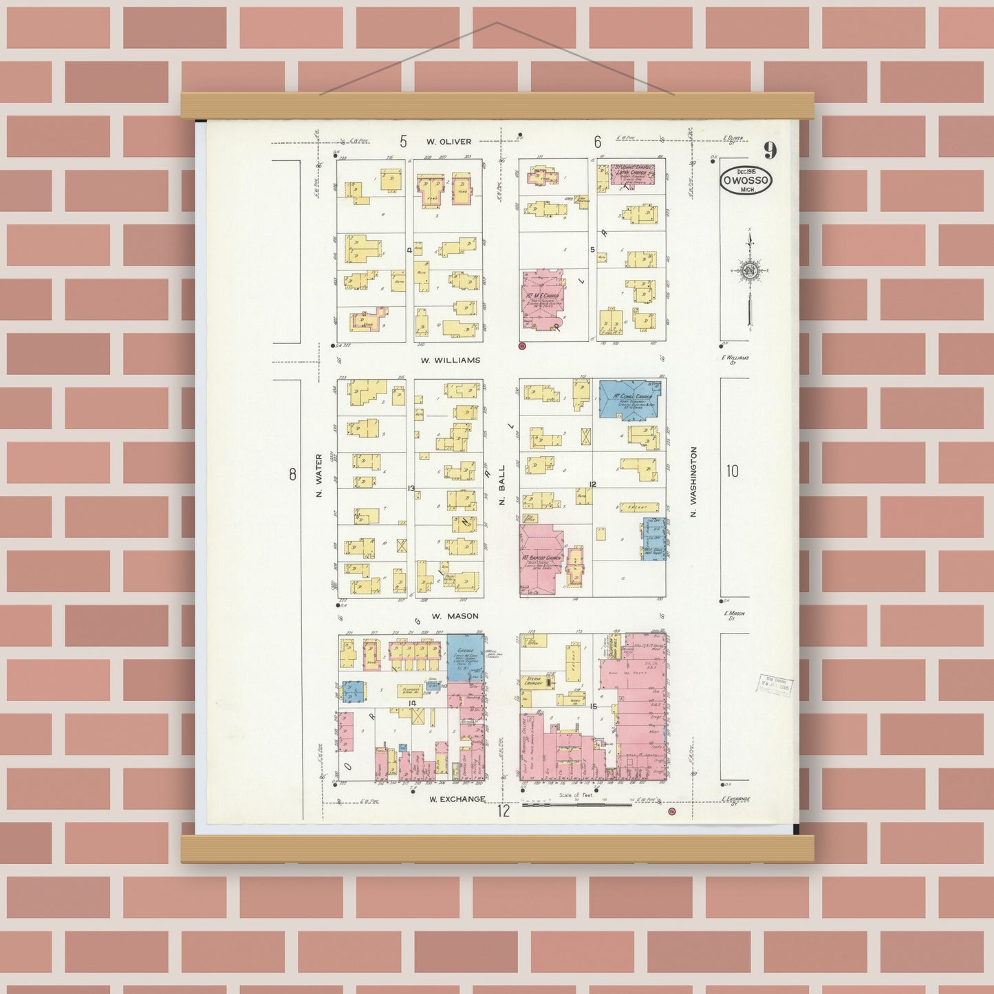 Old map wall art mockup — magnetic wood frame on brick wall — Sanborn Fire Insurance Map from Owosso, Shiawassee County, Michigan (1915), Sheet #0009