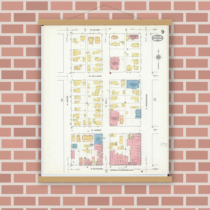 Old map wall art mockup — magnetic wood frame on brick wall — Sanborn Fire Insurance Map from Owosso, Shiawassee County, Michigan (1915), Sheet #0009