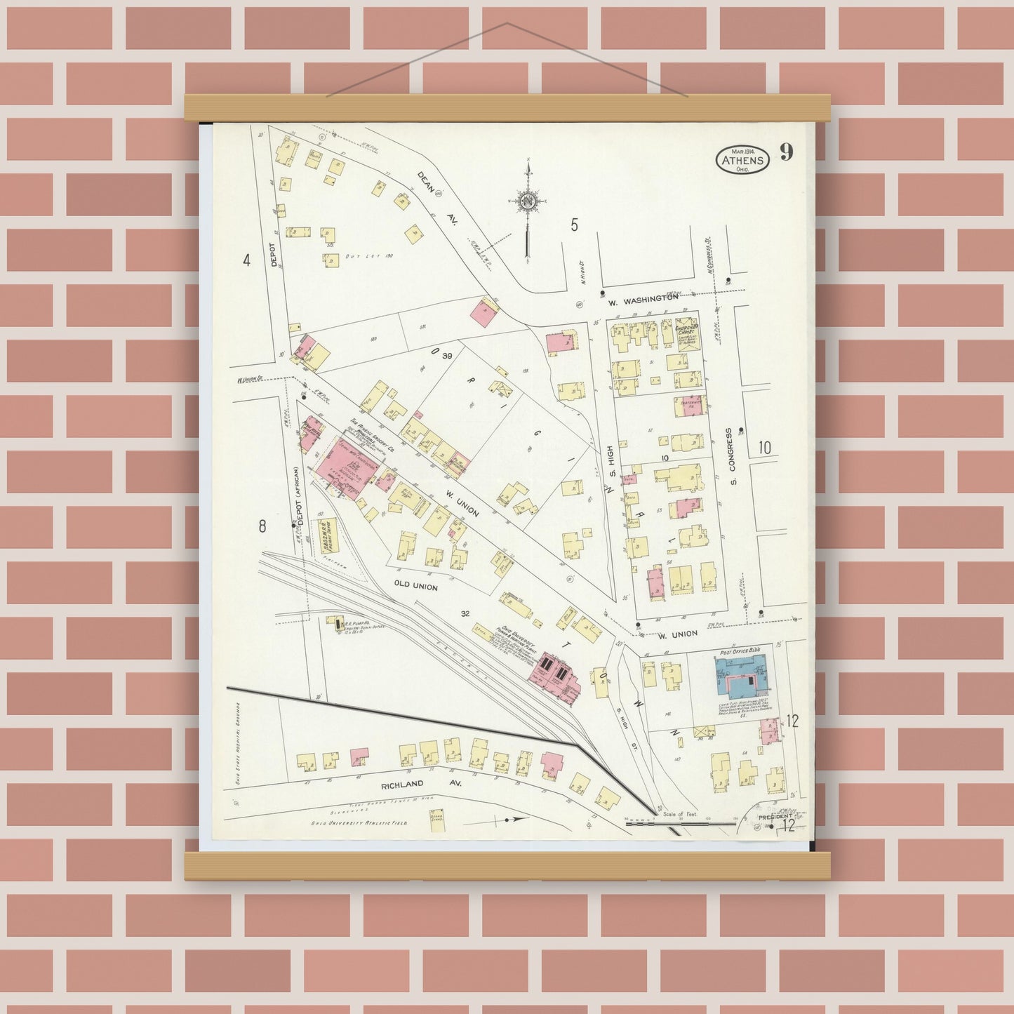 Old map wall art mockup — magnetic wood frame on brick wall — Sanborn Fire Insurance Map from Athens, Athens County, Ohio (1914), Sheet #0009