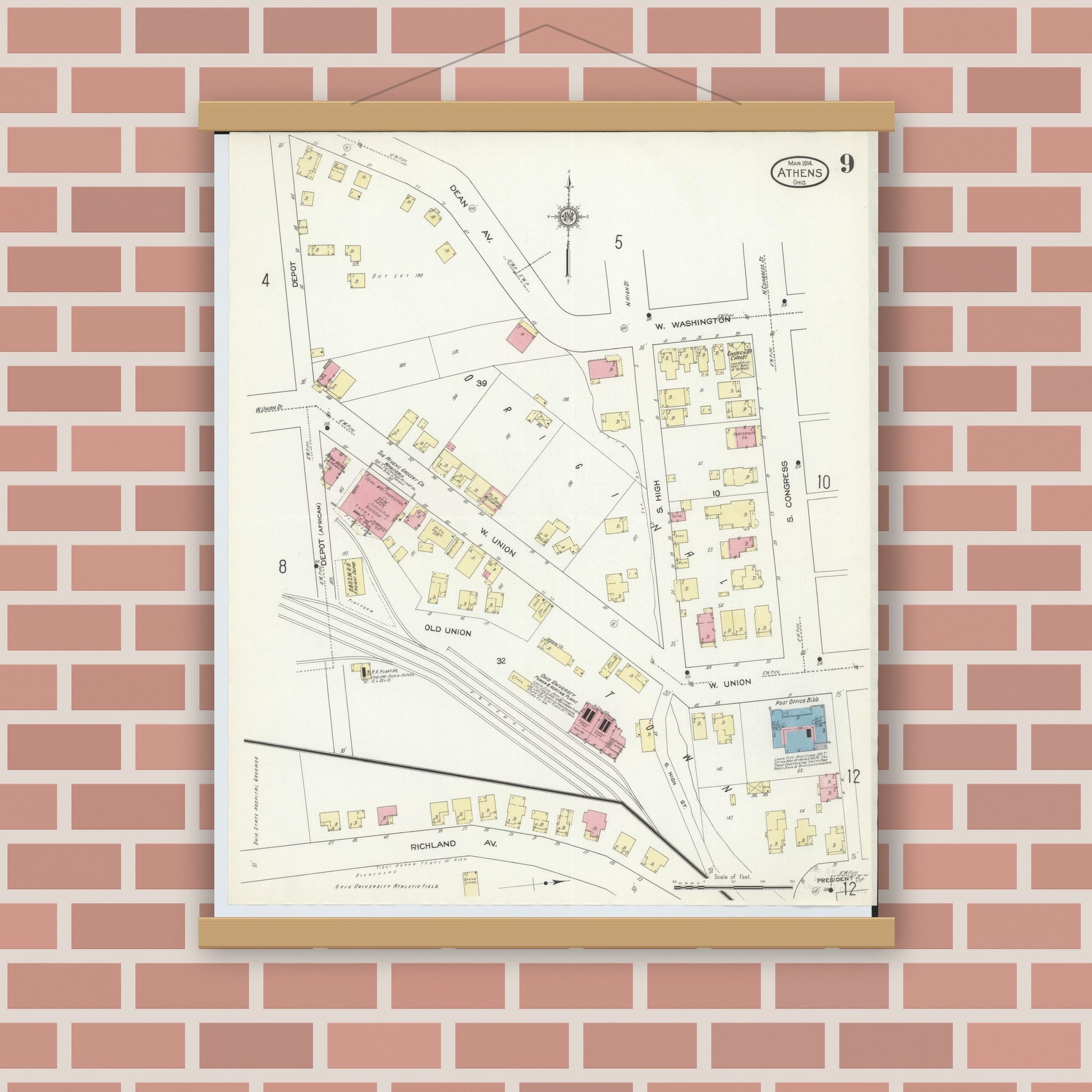 Old map wall art mockup — magnetic wood frame on brick wall — Sanborn Fire Insurance Map from Athens, Athens County, Ohio (1914), Sheet #0009