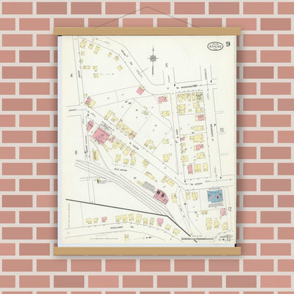 Old map wall art mockup — magnetic wood frame on brick wall — Sanborn Fire Insurance Map from Athens, Athens County, Ohio (1914), Sheet #0009
