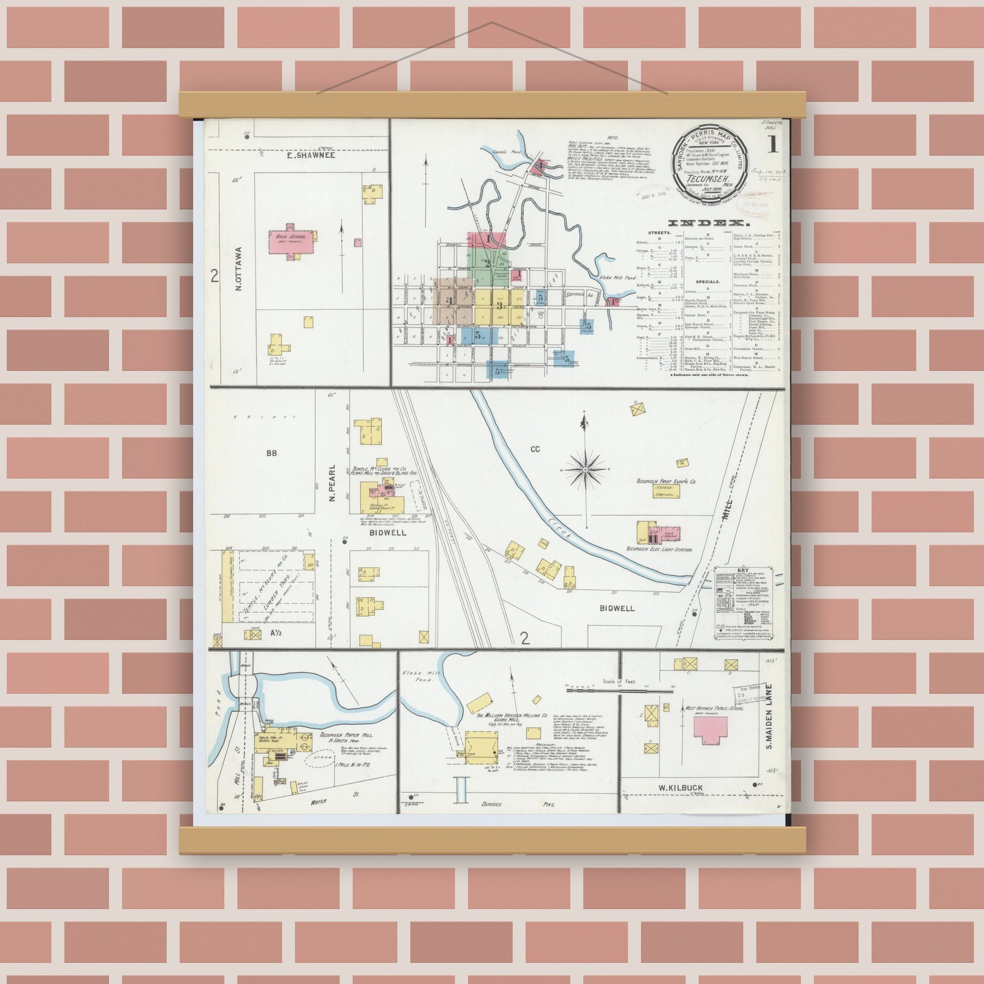 Old map wall art mockup — magnetic wood frame on brick wall — Sanborn Fire Insurance Map from Tecumseh, Lenawee County, Michigan (1899), Sheet #0001