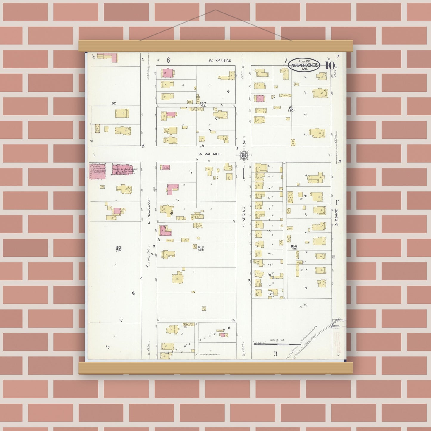 Old map wall art mockup — magnetic wood frame on brick wall — Sanborn Fire Insurance Map from Independence, Jackson County, Missouri (1916), Sheet #0010