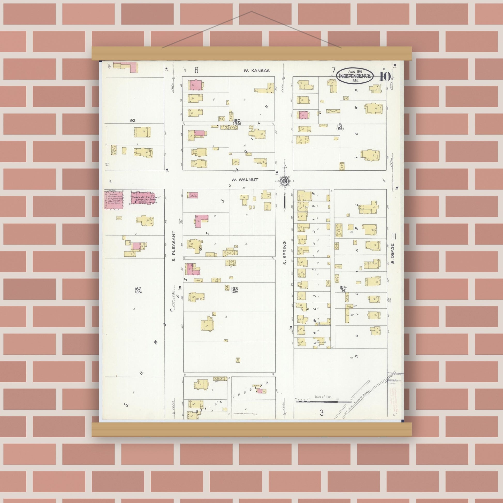 Old map wall art mockup — magnetic wood frame on brick wall — Sanborn Fire Insurance Map from Independence, Jackson County, Missouri (1916), Sheet #0010